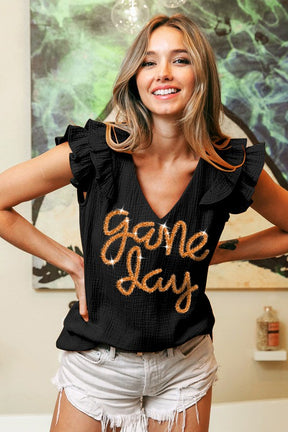 Saints Game Day V-Neck Ruffled Sleeve Top