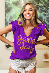 LSU Game Day V-Neck Ruffle Sleeve Top