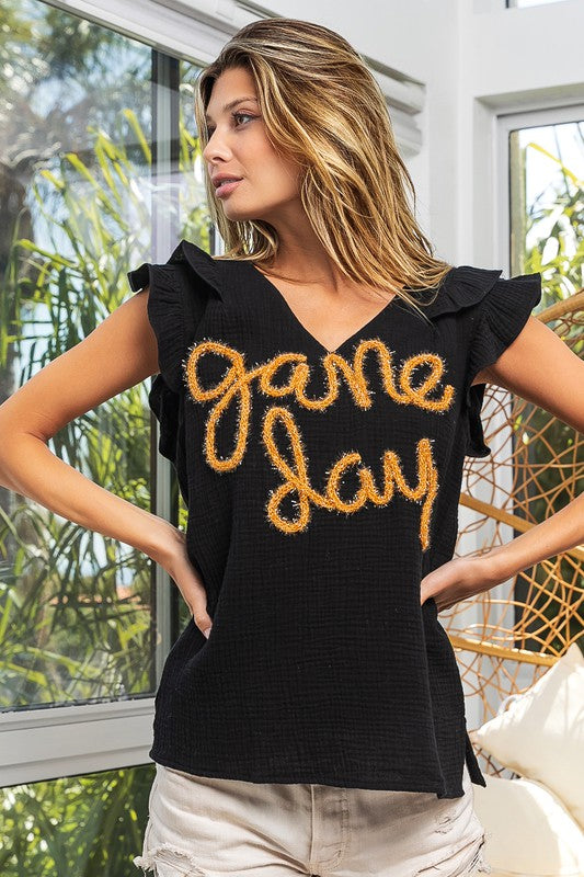 Saints Game Day V-Neck Ruffled Sleeve Top