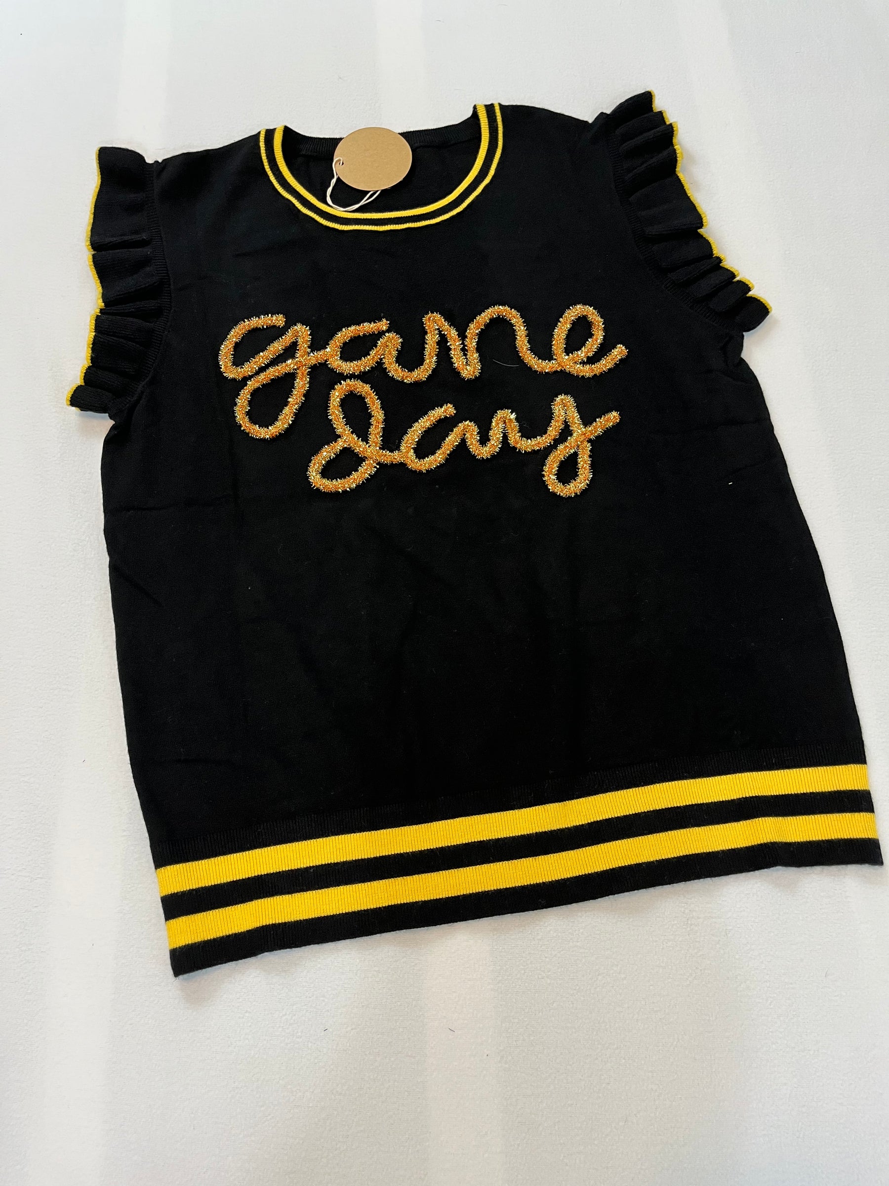 Black & Gold Sparkle Game Day Ruffled Sleeves Sweater